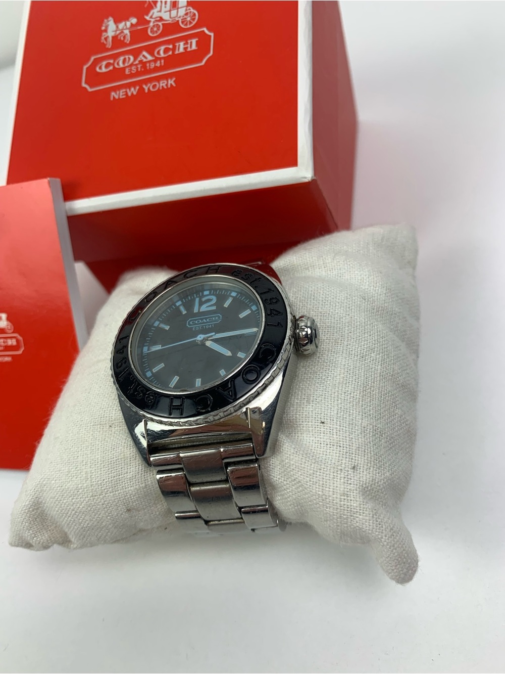 Coach Wrist Watch Andee Unisex Boyfriend Analog Quartz Black Blue Large Silver - Picture 2 of 6